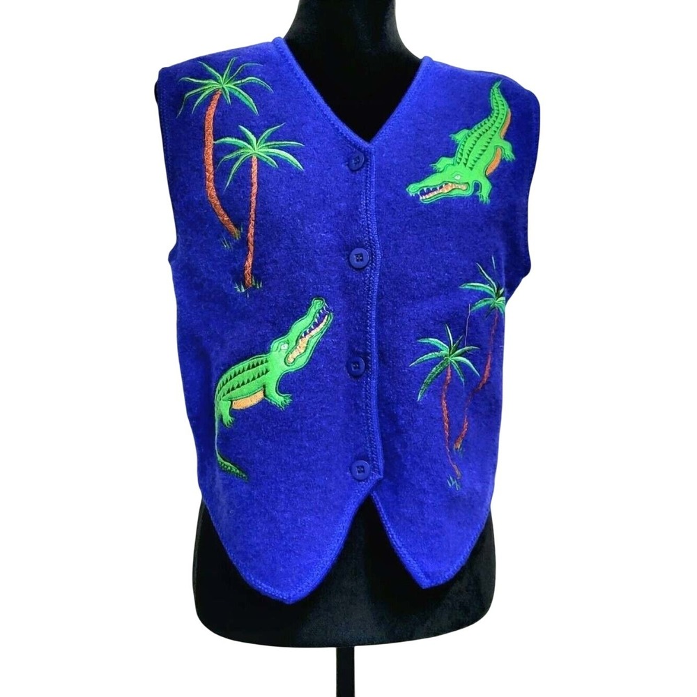 Jett Wear Blue Boiled‎ Wool Vest Medium Embroidered Alligator Gators Palm Trees